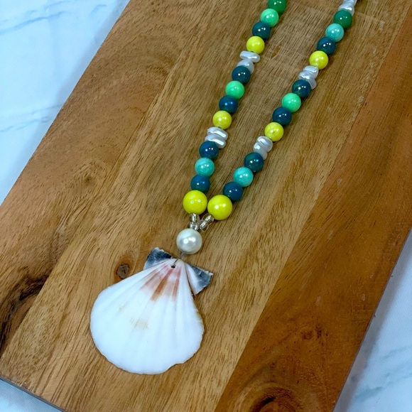 Seashell beaded pearl beach necklace nantucket yellow blue surfer girl toggle - Picture 14 of 14